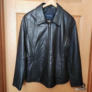Nautica Black‎ Leather Zip Up Jacket Coat Motorcycle Pockets Women's Size M EUC